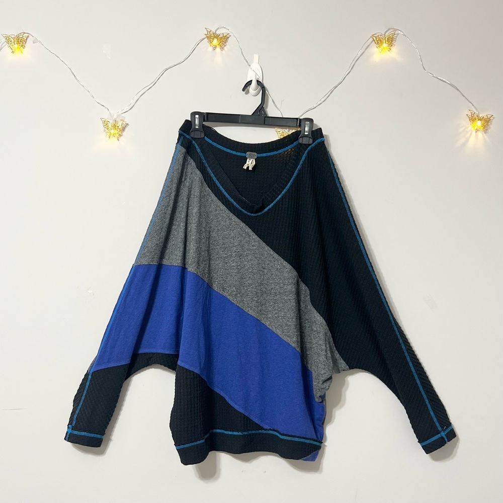 Free People Blue & Black Waffle Knit Oversize Dolman Sweater